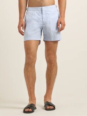 Orlebar Brown Classic Bulldog Swim Trunks Shorts Light Blue Gray Zip Snap Lined
